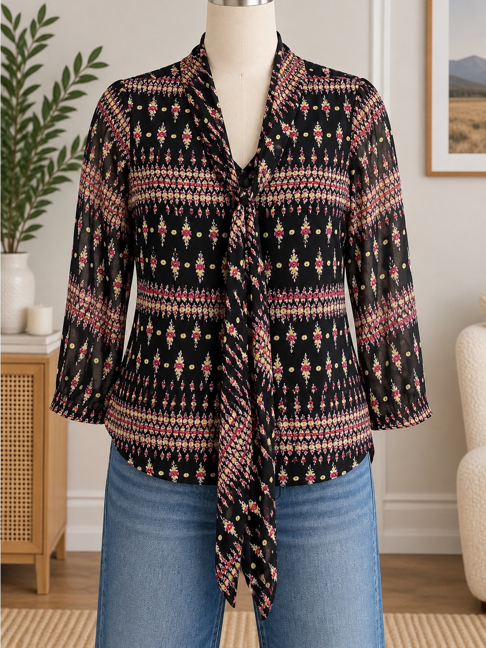 Black Multicolor Print Tie-Neck Sheer Blouse Large
